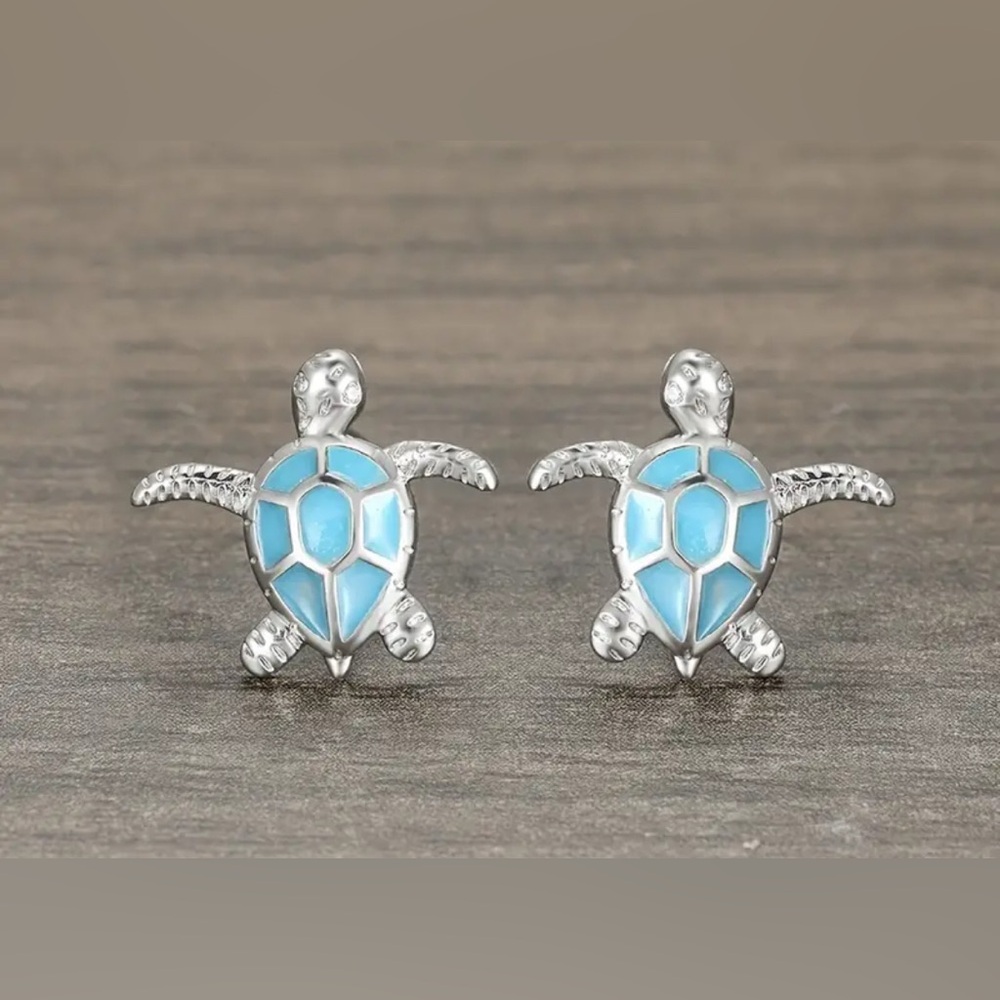 Silver Tone & Blue Turtle Earrings